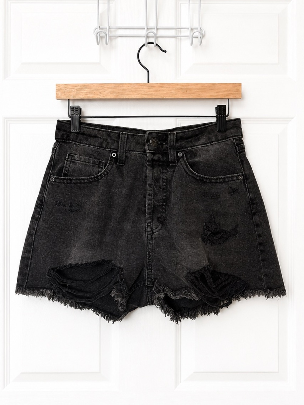 High-Rise Distressed Black Denim Shorts